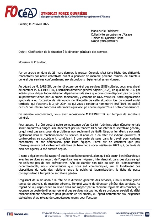Courrier du 28 avril 2025 adressé au Président BIERRY en vue d'une clarification à la Direction Générale des Services de la CeA