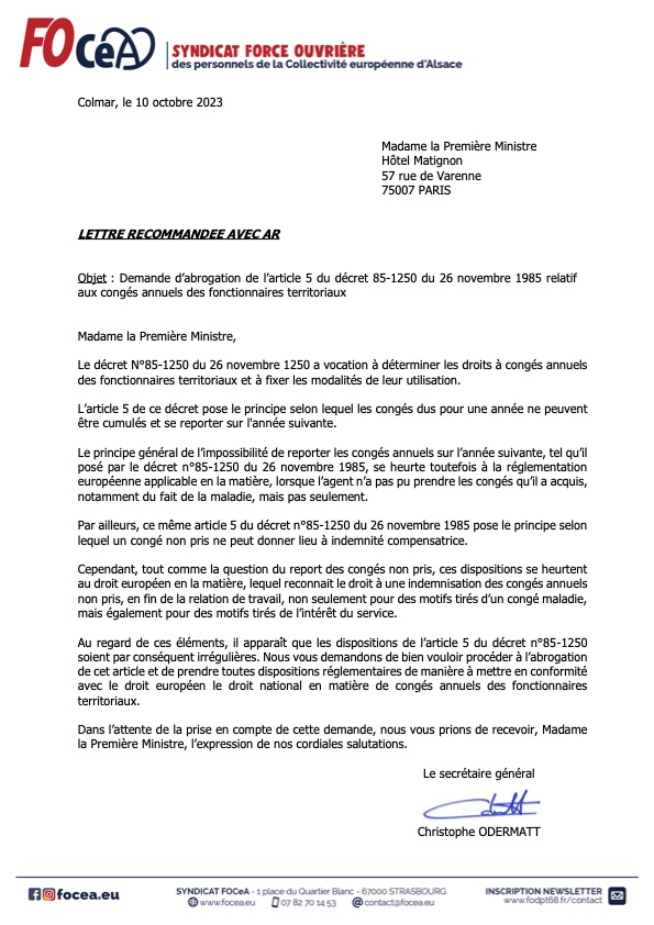 Courrier au Premier Ministre de FOCeA