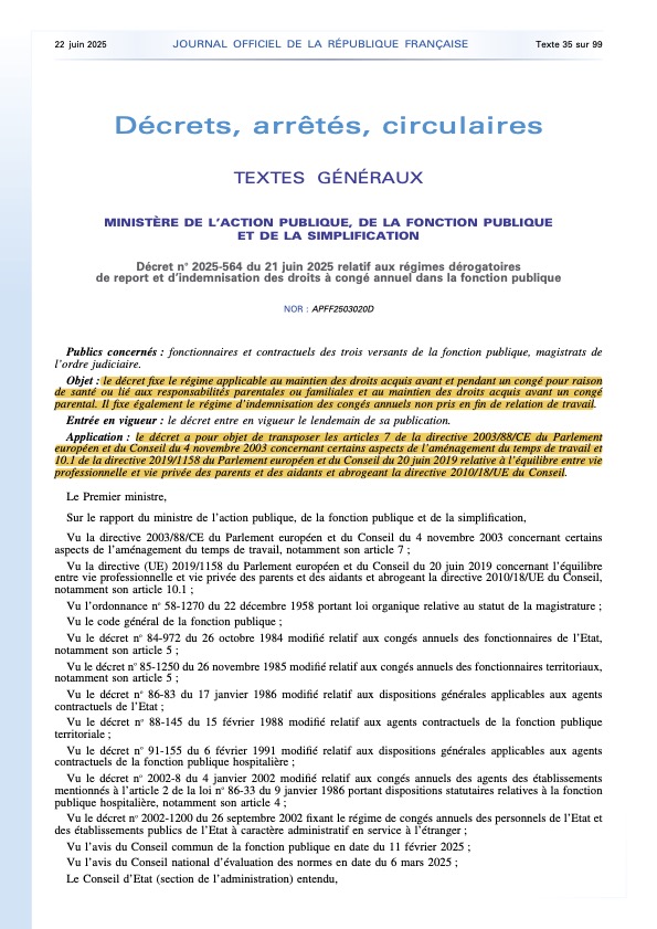 Décret n°2025-564 du 21 juin 2025 relatif aux régimes dérogatoires de report et d'indemnisation des droits à congé annuel dans la fonction publique