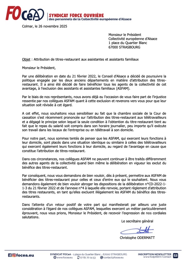 Demande adressée au Président de la CeA pour attribution des titres restaurant aux ASFAM