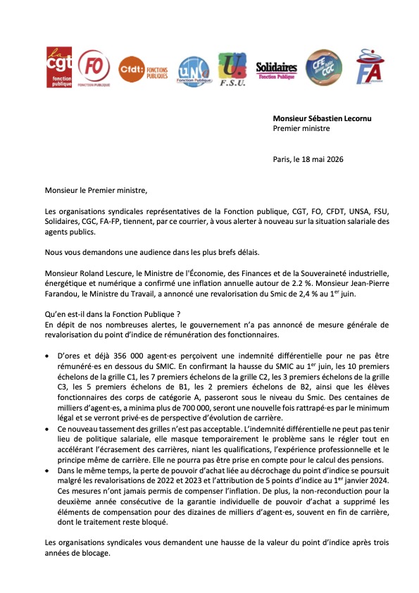 Courrier intersyndical au Premier Ministre