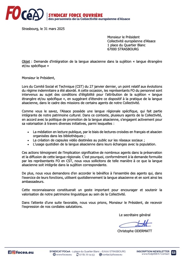 Demande FO pour sujétion langue alsacienne