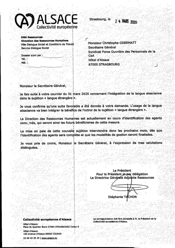 Réponse favorable de la CeA pour sujétion langue alsacienne