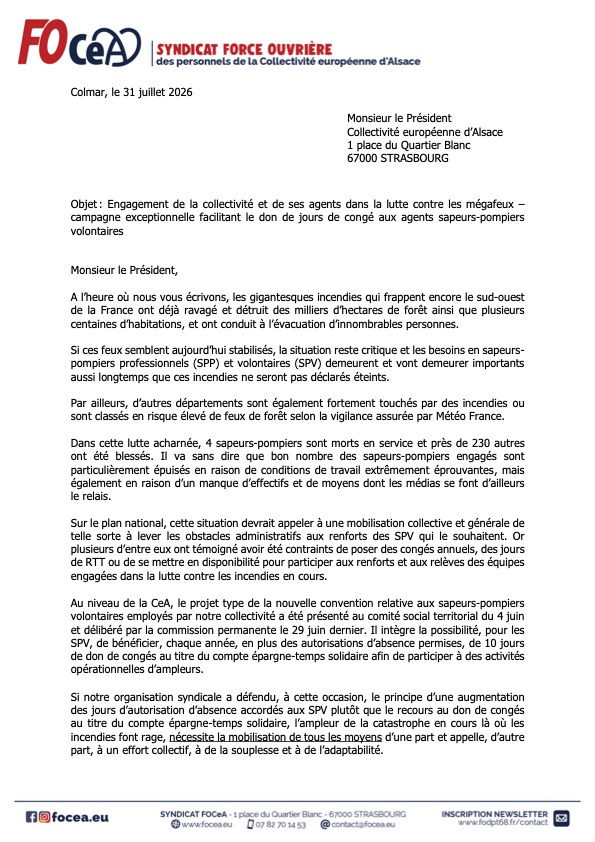 Courrier au Président de la CeA appelant à lancer une campgane de jours de CET solidaires pour les sapeurs pompiers volontaires
