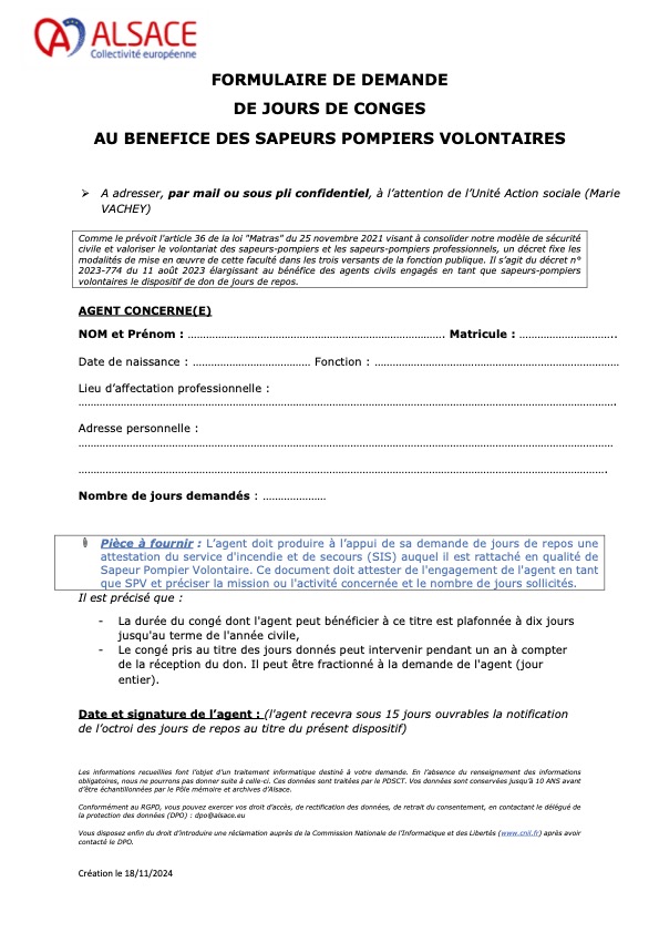 Formulaire de demande de jours de congés au titre du compte épargne temps solidiaire pour les sapeurs pompiers volontaires