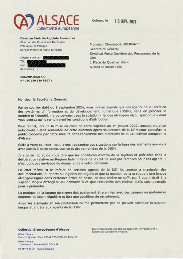 Refus versement sujétion langue étrangère