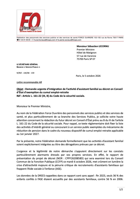 Courier adressé au premier ministre pour le cumul emploi/retraite des ASFAM