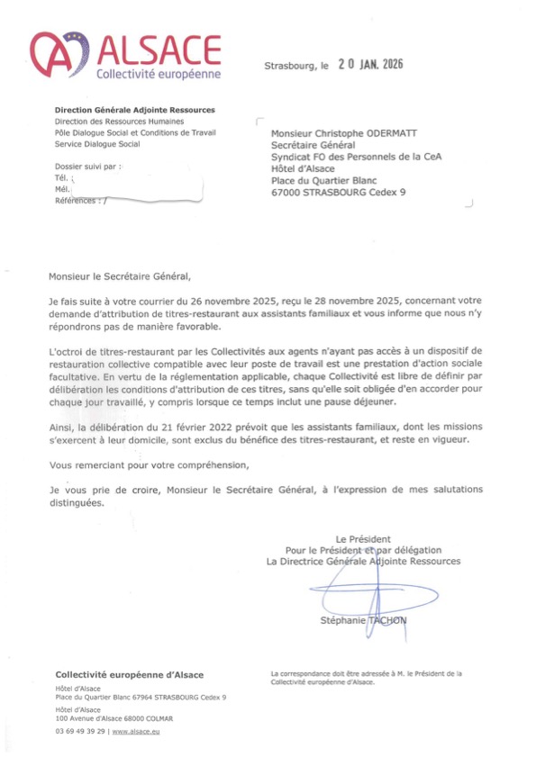 Décision de refus du Président Bierry d'attribution des titres-resto aux ASFAM CeA